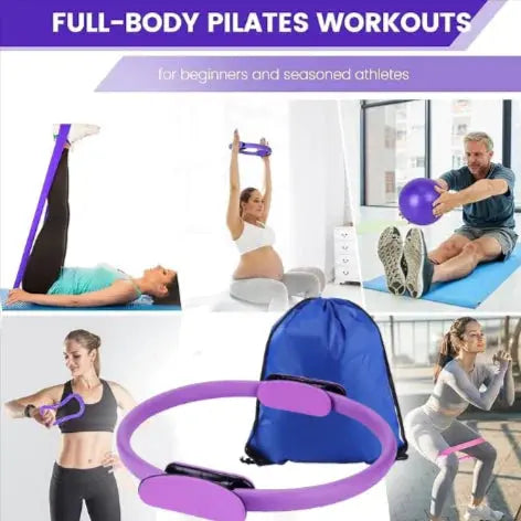 Pilates ring exercise set with carrying bag, used by men and women for full-body workouts