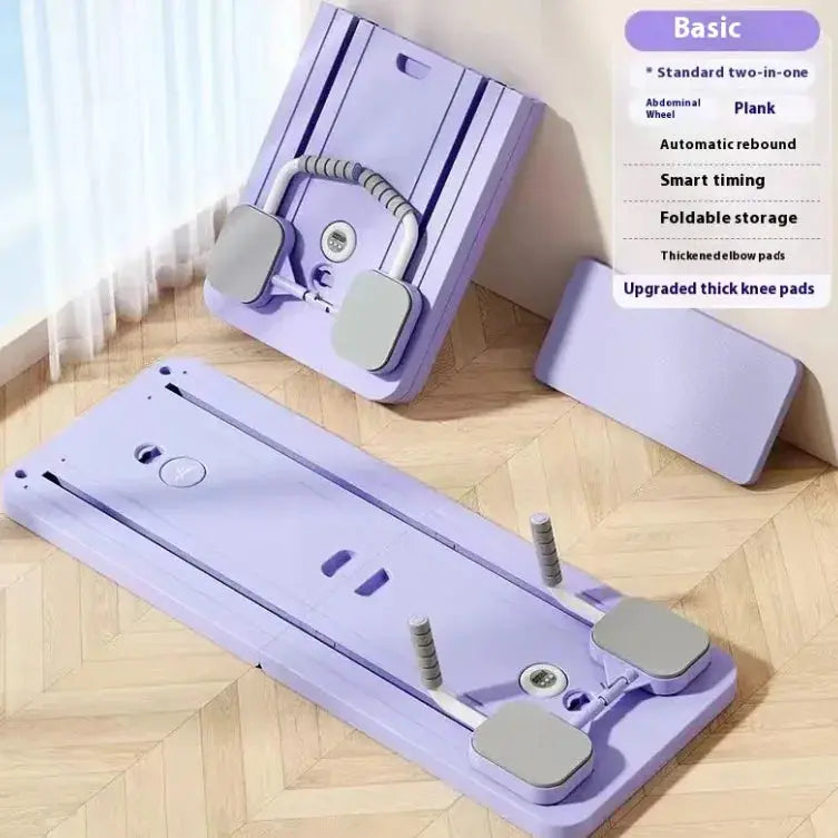 Foldable purple ab roller and plank exercise board with thick knee pads on wooden floor
