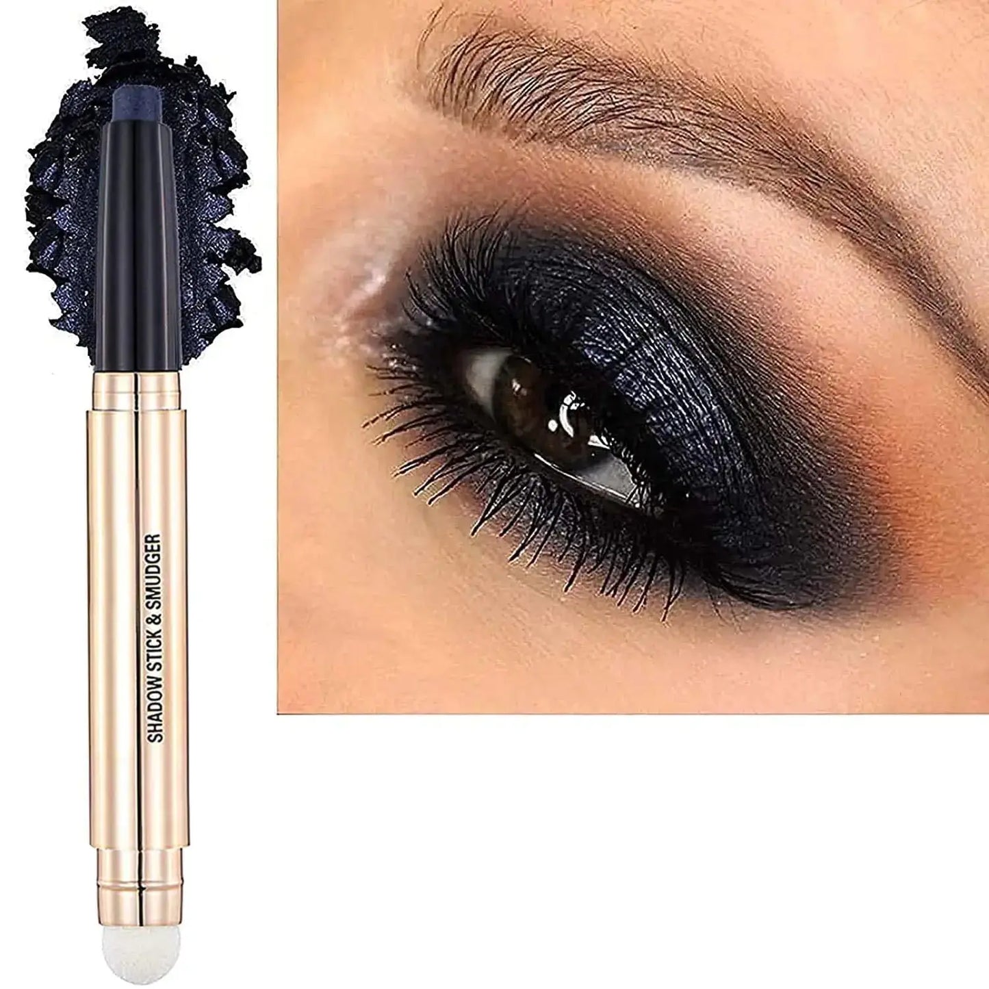 Smoky eye makeup using dark blue eyeshadow stick and smudger pencil close-up
