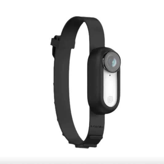 Black and white wearable action camera with adjustable strap on white background