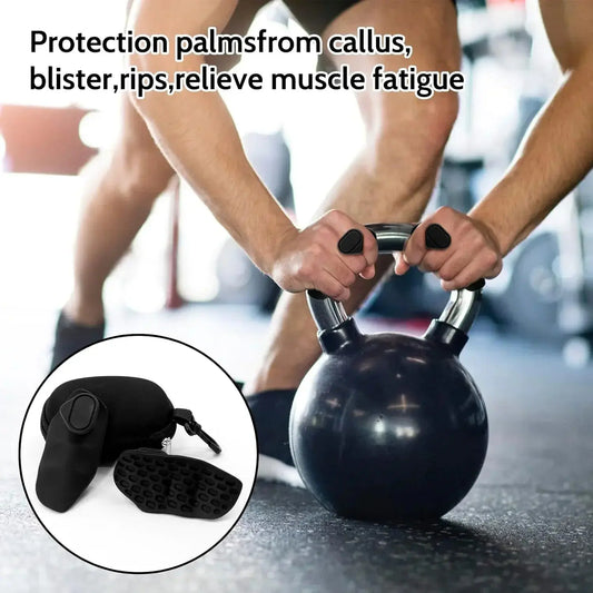 Man gripping kettlebell with protective workout gloves, close-up of gloves shown inset