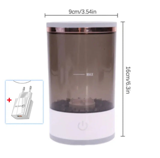 Compact electric humidifier with power button and USB wall charger, 16cm tall, 9cm wide