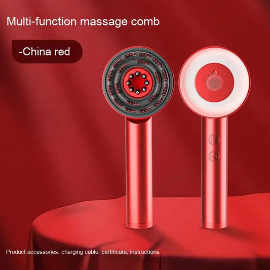 China red multi-function massage comb with round brush heads on red background