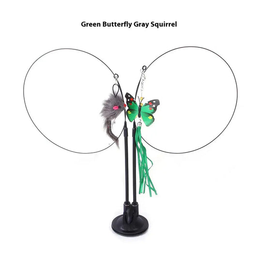 Interactive cat toy with green butterfly and gray squirrel plush attachments on stand