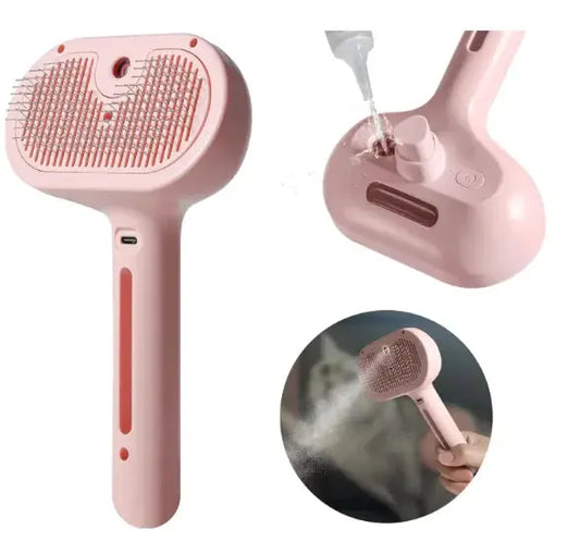 Pink pet grooming brush with mist spray feature, water fill port, and ergonomic handle