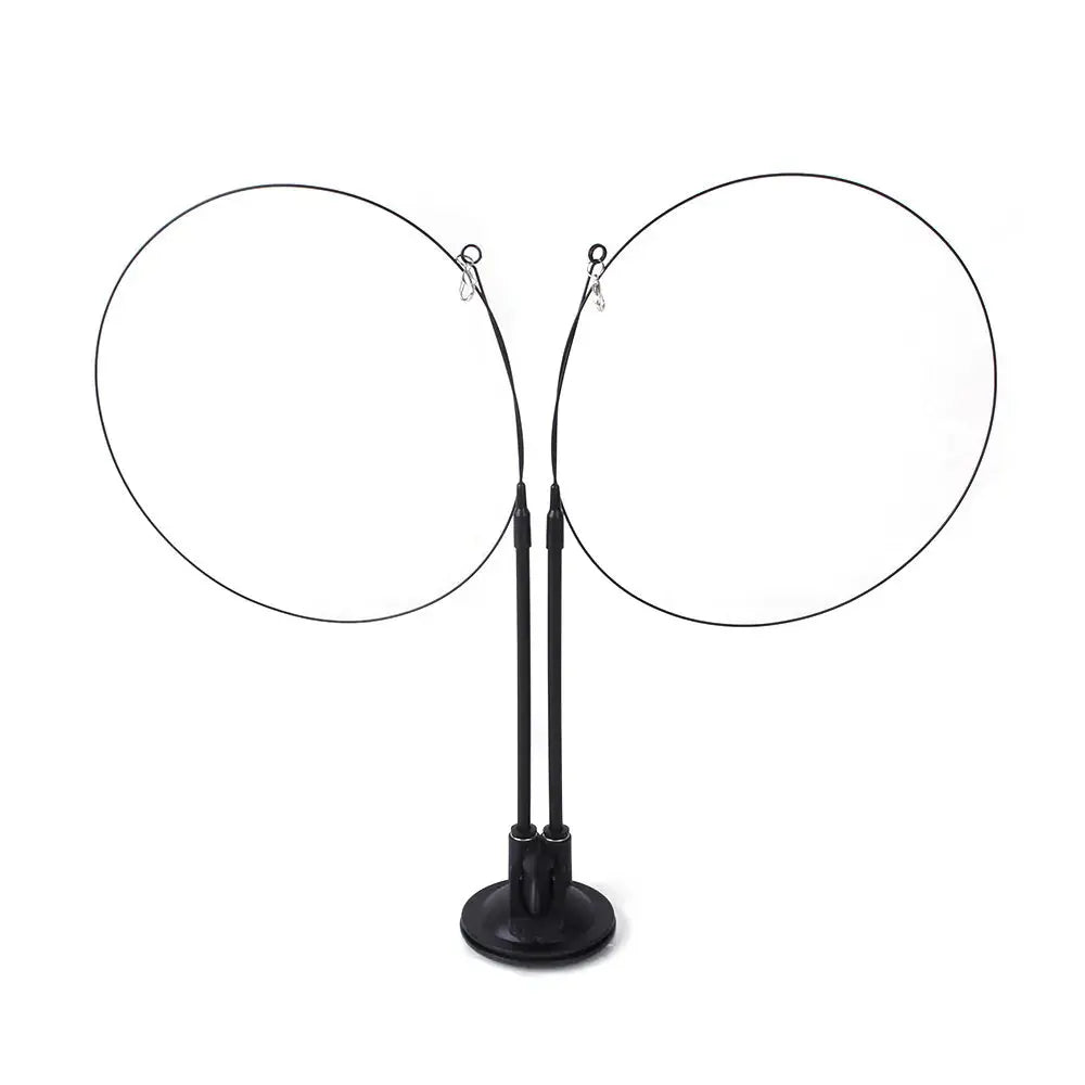 Black dual circular wire frame display stand on white background