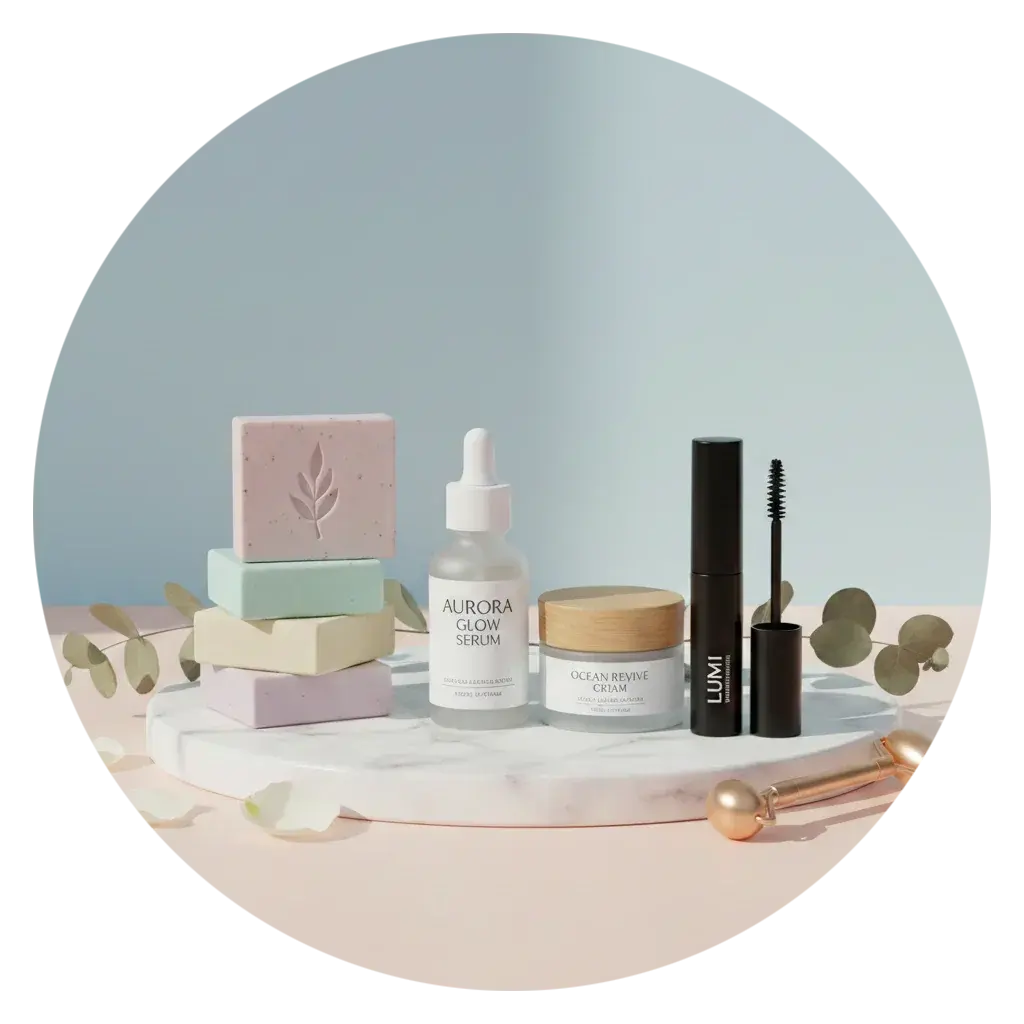 Health and beauty products including serum, cream, soap bars, mascara, and face roller on marble tray
