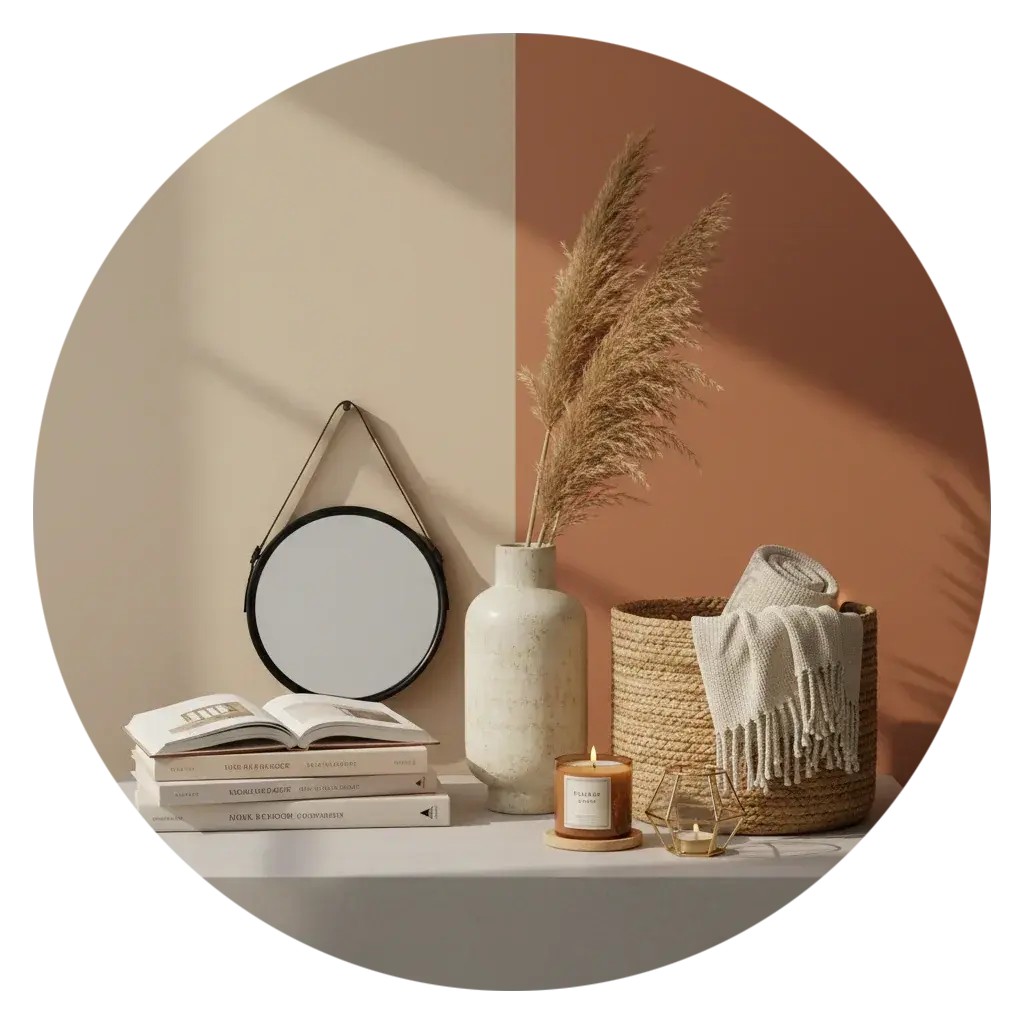 Modern home decor with pampas grass in vase, woven basket, books, candle and round mirror