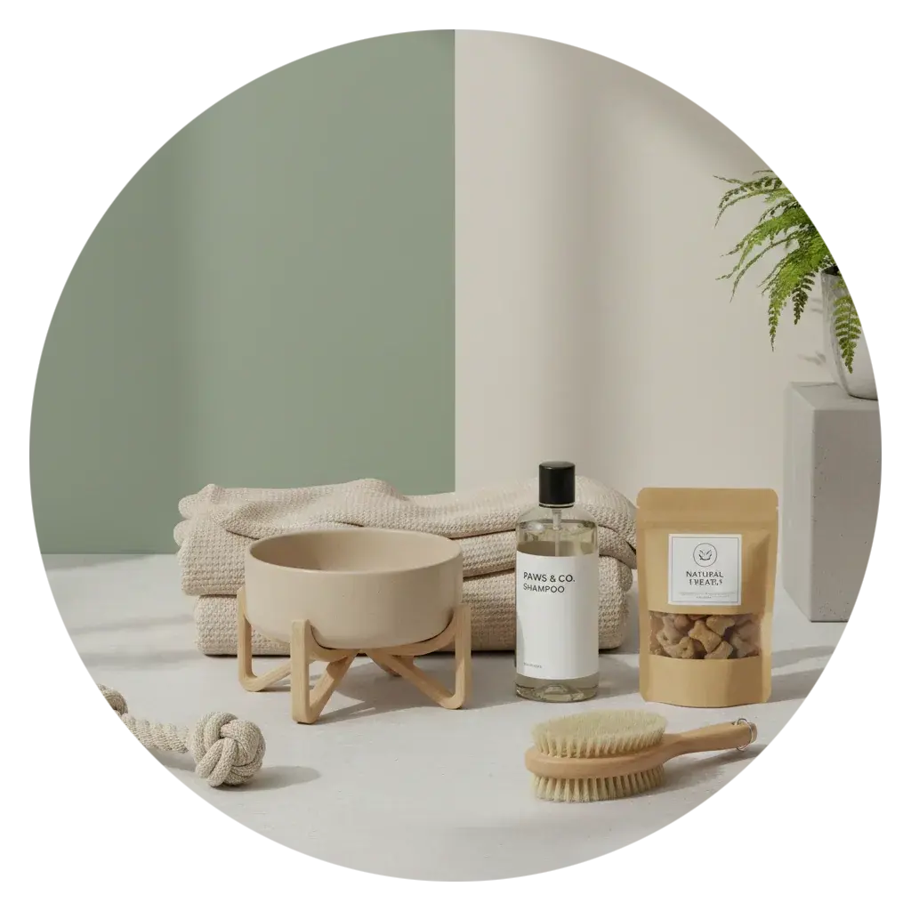 Pet supplies including a ceramic bowl, dog shampoo, treats, brush, and rope toy on a table.