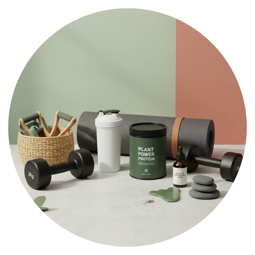 Home fitness and wellness essentials including dumbbells, yoga mat, protein powder, and supplements.