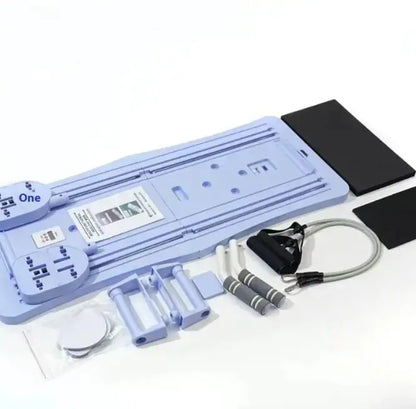 Portable Pilates bar kit with resistance bands and exercise board, light blue and black