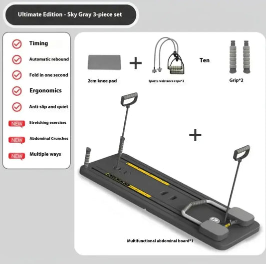 Sky gray multifunctional abdominal board set with resistance ropes, grips, and knee pad for home workouts.