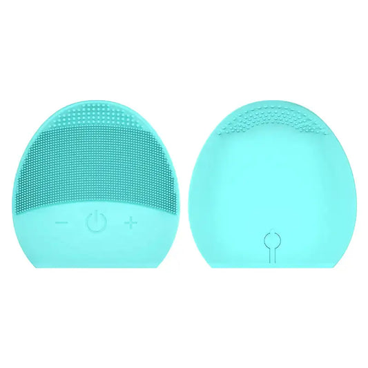 Blue silicone facial cleansing brush with soft bristles, front and back view.