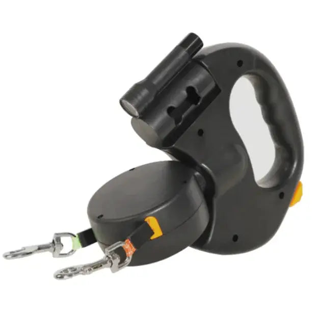 Black dual retractable dog leash with ergonomic handle and built-in flashlight