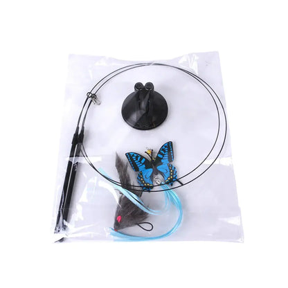 Cat toy set with blue butterfly, faux mouse, and wand on clear plastic packaging