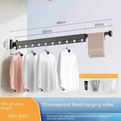 Wall-mounted aluminum clothes drying rack with 10 windproof hooks, shirts and towel hanging, installation accessories shown, measurements labeled.