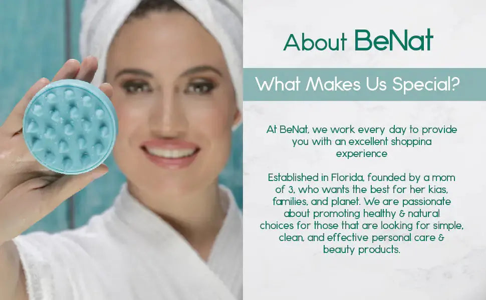 Woman in white robe holding blue scalp massager, text highlighting natural personal care benefits.