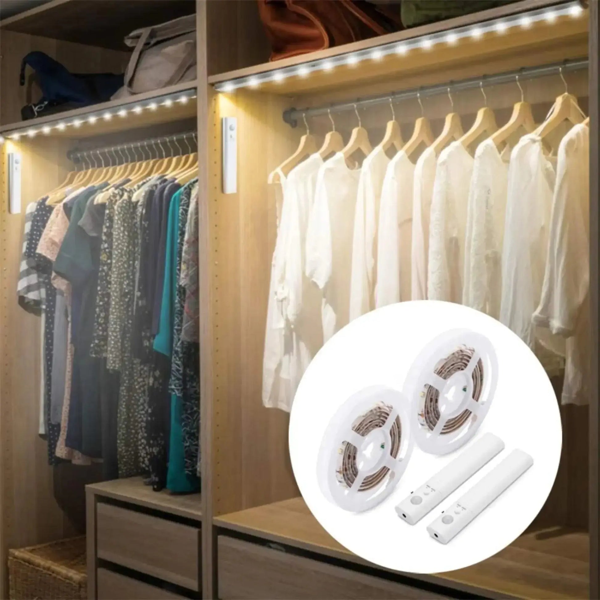 LED strip lights installed in a closet for bright wardrobe lighting, with LED kit inset.