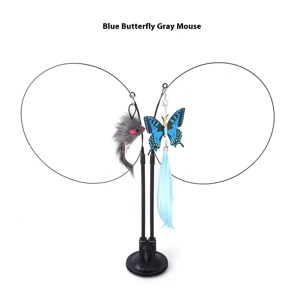 Interactive cat toy with blue butterfly, gray mouse, and feather attachments