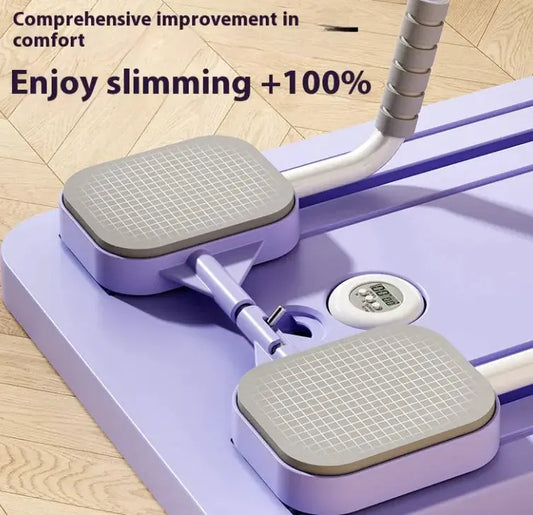 Purple portable stepper exercise machine with digital display on wood floor, fitness equipment