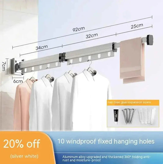 Wall-mounted aluminum folding clothes rack with 10 windproof fixed holes for hanging shirts.