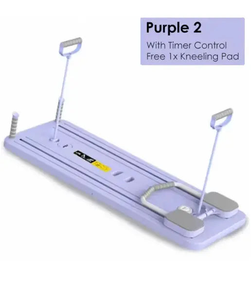 Purple adjustable home workout board with handles, timer control, and kneeling pad included.