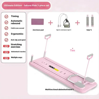 Sakura pink 3-piece multifunctional abdominal exercise board set with knee pad, resistance ropes, and grips.