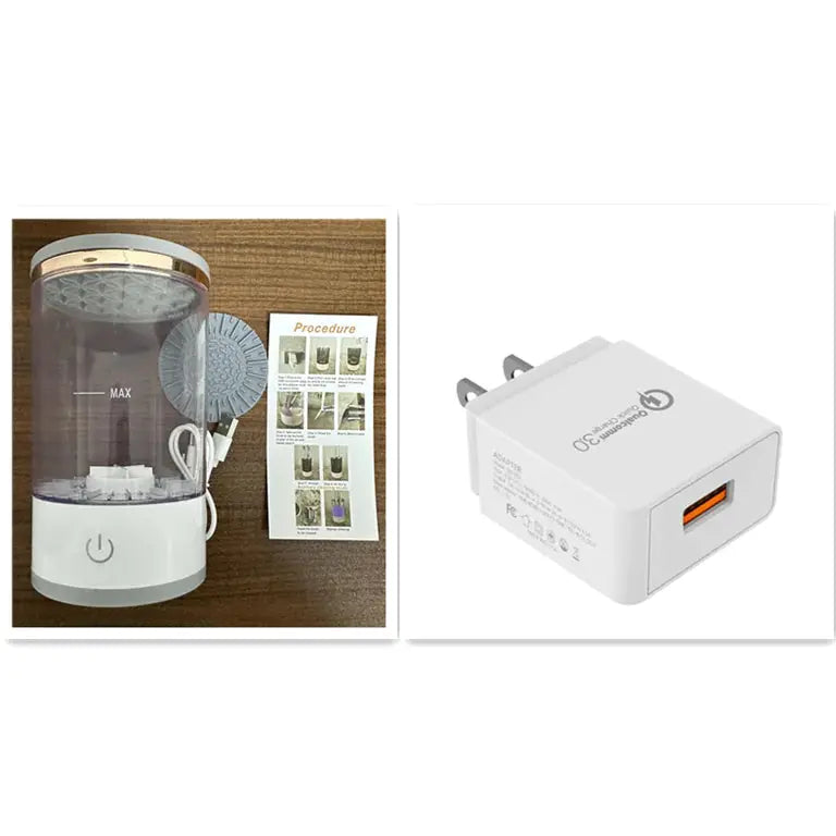 Compact air humidifier with power button, filter, instructions, and USB wall charger