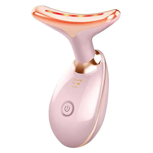 Pink and gold LED facial massager device with power button and display lights