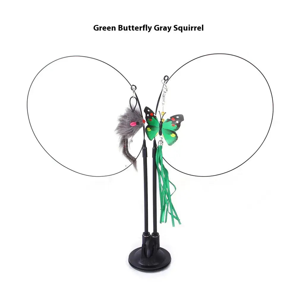 Interactive cat toy with green butterfly, gray squirrel tail, and suction cup base