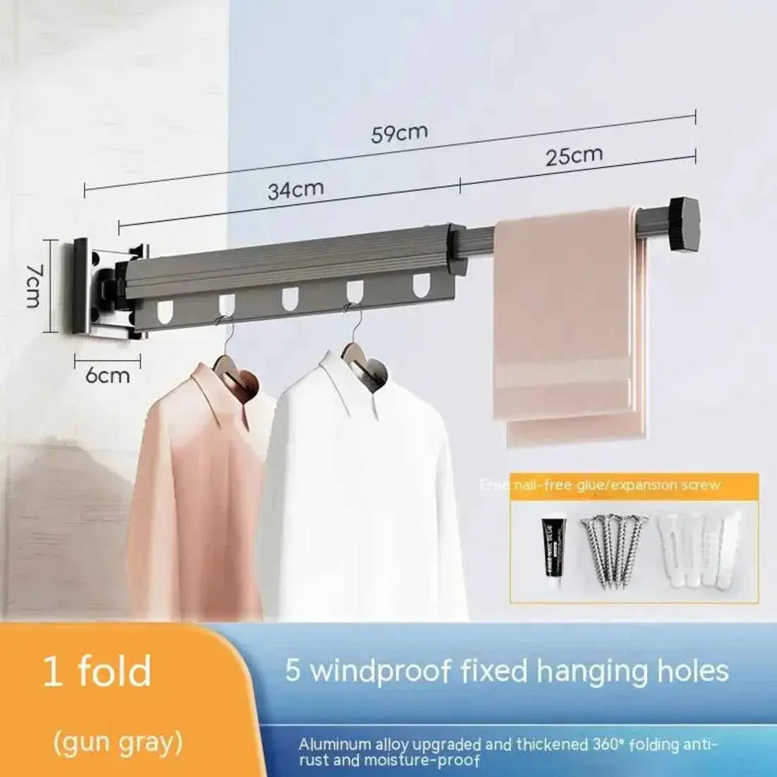 Wall-mounted folding clothes rack with five windproof hanging holes, two shirts, and a towel.