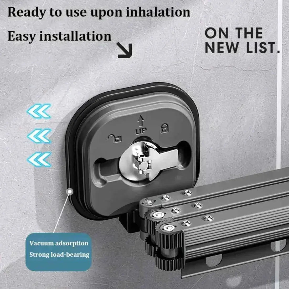 Wall-mounted retractable drying rack with vacuum suction and easy installation feature.