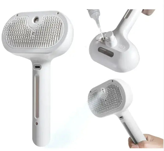 White pet grooming brush with water spray and self-cleaning features shown in use