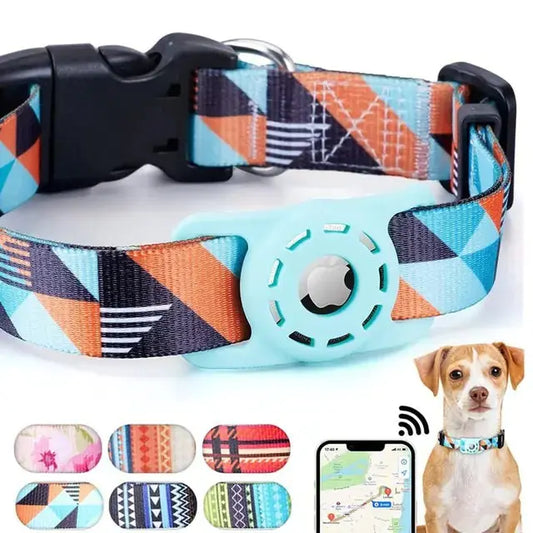 Geometric patterned GPS pet collar with tracker holder, shown on dog and smartphone app.