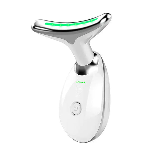 White handheld facial massager device with LED light, power button, and ergonomic head