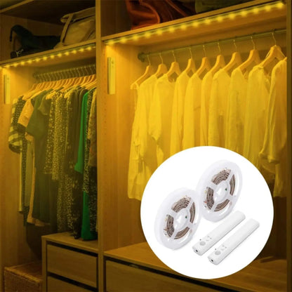 LED strip lights installed in wardrobe closet, with LED light kit and remote controls shown.