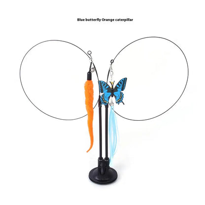 Interactive cat toy with blue butterfly, orange caterpillar, and blue feather attachments on a black base.