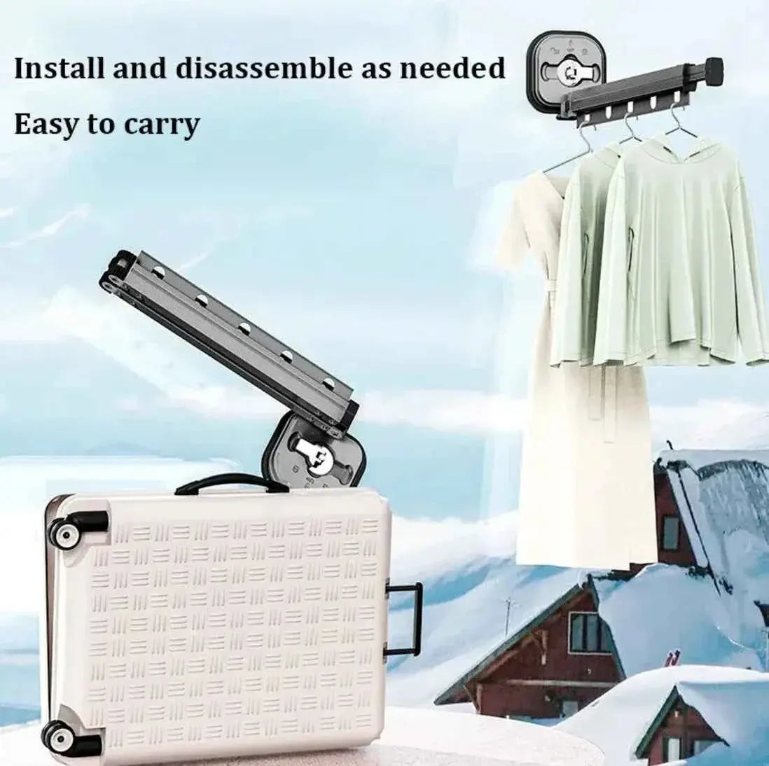Portable wall-mounted clothes drying rack, foldable and easy to install, with garments hanging.