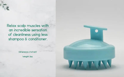 Blue silicone scalp massager with handle on white background, scalp care tool