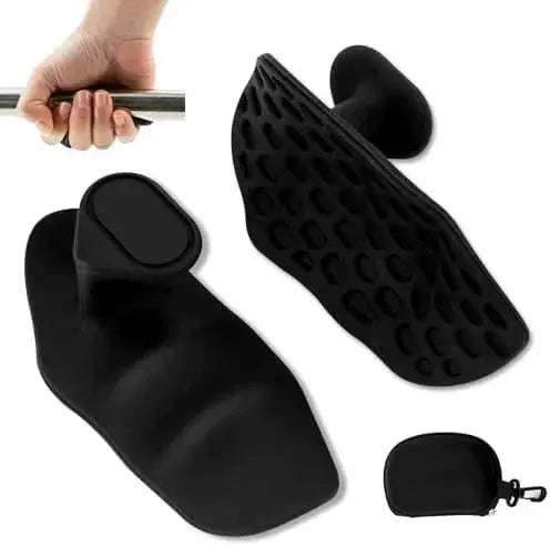 Black ergonomic silicone grip pads with textured surface, shown with carrying case and hand using on barbell