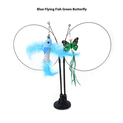 Interactive cat toy with blue flying fish and green butterfly attachments on stand