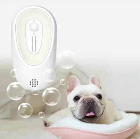 Air purifier device above resting French bulldog, emitting fresh air bubbles indoors