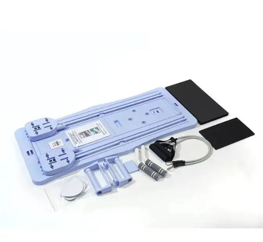 Portable home gym system with foldable workout board, resistance bands, handles, and accessories on a white background.