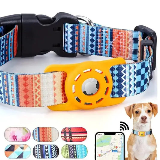Patterned dog collar with AirTag holder, GPS tracking, and matching pet shown